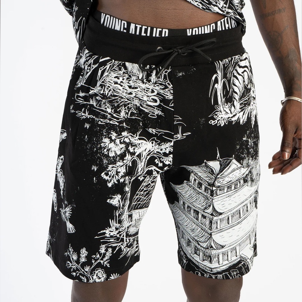 $72 Left Point Black & White CH Print Shorts